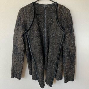 Eileen Fisher | Women's Mohair Wool Blend Open Front Leather Trim Sweater Jacket